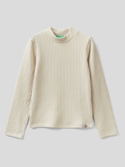 Creamy White Kids' Benetton Warm Recycled Fabric Long Sleeve T-shirts | AU570628