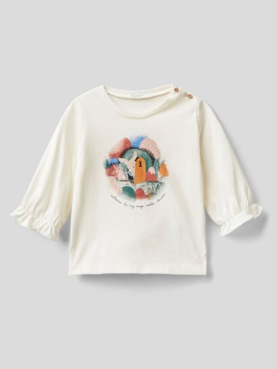 Creamy White Kids' Benetton Warm Watercolor Print T Shirts | AU839522