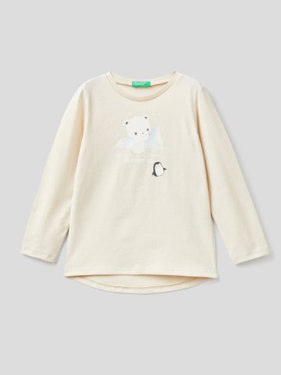 Creamy White Kids' Benetton Watercolor Print Long Sleeve T-shirts | AU613862