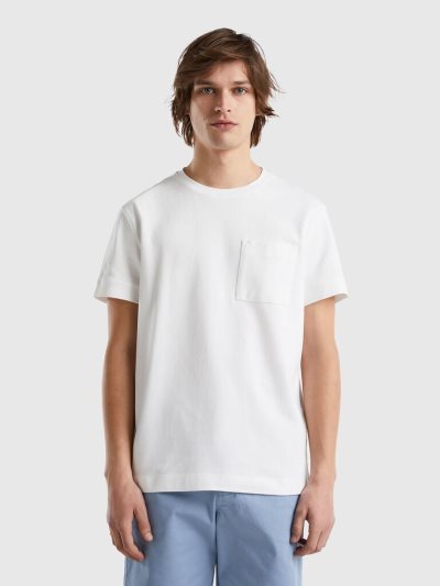 Creamy White Men's Benetton 100% Cotton Pocket Short Sleeve T-shirts | AU126834