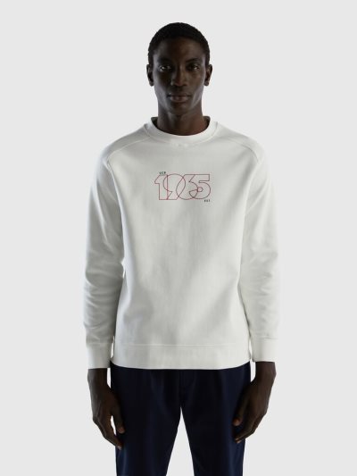 Creamy White Men's Benetton Print Cotton Blend Sweatshirt | AU034616