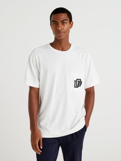 Creamy White Men's Benetton Warm Cotton Patch Short Sleeve T-shirts | AU359090