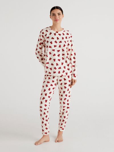 Creamy White Women's Benetton Chenille Teddy Bear Print Matching Sets | AU974794