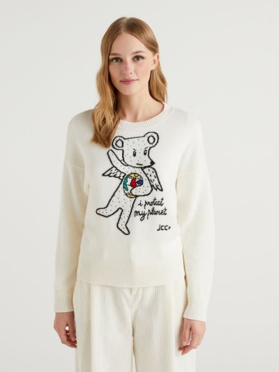 Creamy White Women's Benetton Jccxucb Bear Inlay Crew Neck Sweaters | AU669256