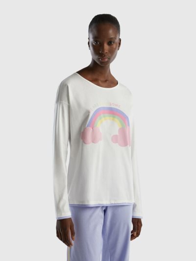 Creamy White Women's Benetton Long Fiber Cotton Print T Shirts | AU185853