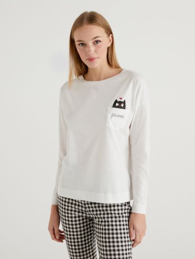 Creamy White Women's Benetton Pocket Long Fiber Cotton T Shirts | AU378367