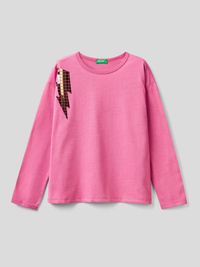 Cyclamen Kids' Benetton Boxy Fit Applique Long Sleeve T-shirts | AU070147