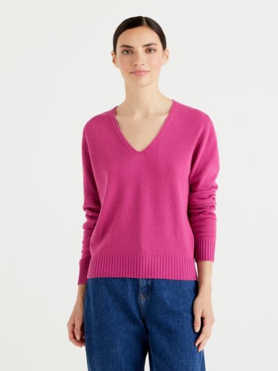 Cyclamen Women's Benetton Cashmere Blend V-neck Sweaters | AU831279
