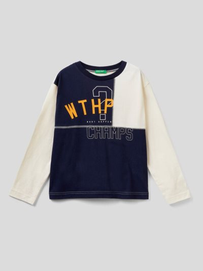 Dark Blue Kids' Benetton Color Block Warm Cotton Long Sleeve T-shirts | AU772194
