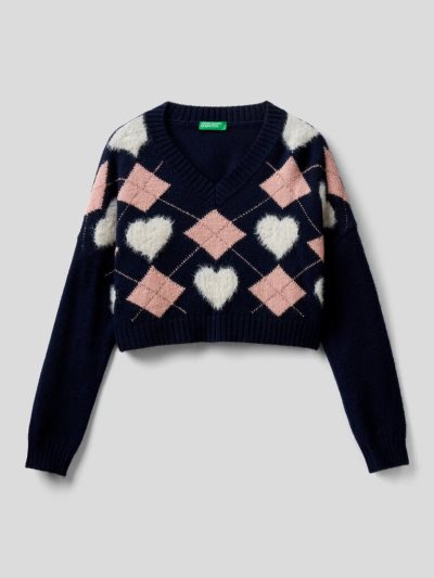 Dark Blue Kids' Benetton Cropped Check Hearts Sweaters | AU414478
