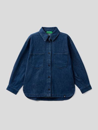 Dark Blue Kids' Benetton Denim Pockets Shirts | AU137751