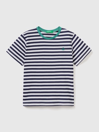 Dark Blue Kids' Benetton Striped Cotton Short Sleeve T-shirts | AU157669
