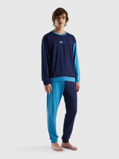 Dark Blue Men's Benetton 100% Cotton Color Block Pyjamas | AU451227