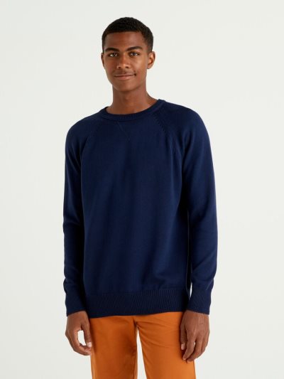 Dark Blue Men's Benetton 100% Cotton Crew Neck Sweaters | AU094062