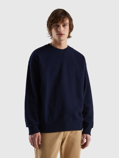 Dark Blue Men's Benetton 100% Cotton Pullover Sweatshirt | AU301826