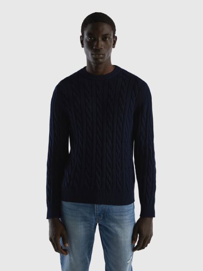 Dark Blue Men's Benetton Cable Knit Crew Neck Sweaters | AU237224