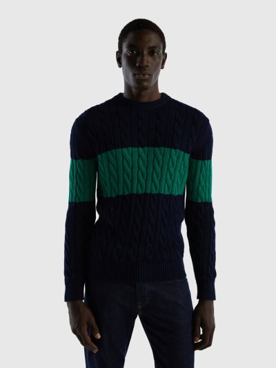 Dark Blue Men's Benetton Cable Knit Crew Neck Sweaters | AU312032