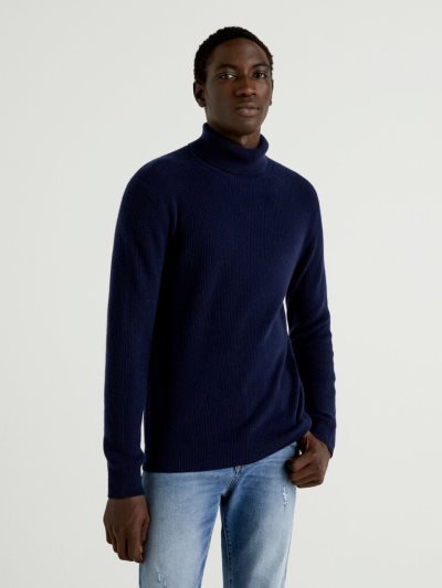 Dark Blue Men's Benetton Cashmere Blend Turtleneck High Neck Sweaters | AU121527