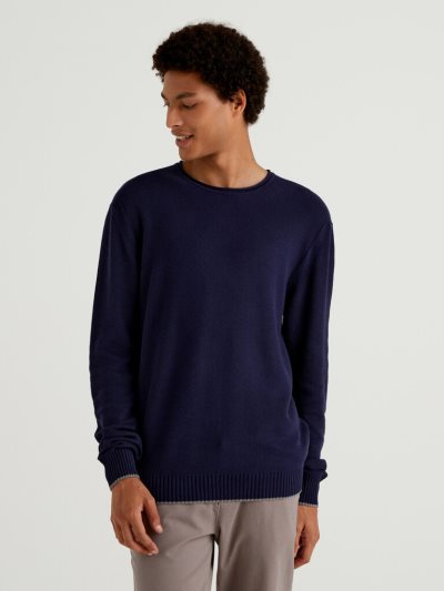 Dark Blue Men's Benetton Crew Neck Cotton Blend Sweaters | AU015916