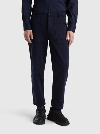 Dark Blue Men's Benetton Cropped Straight Leg Trousers | AU068601