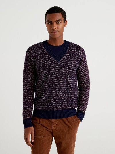 Dark Blue Men's Benetton Jacquard Wool Blend V-neck Sweaters | AU494182