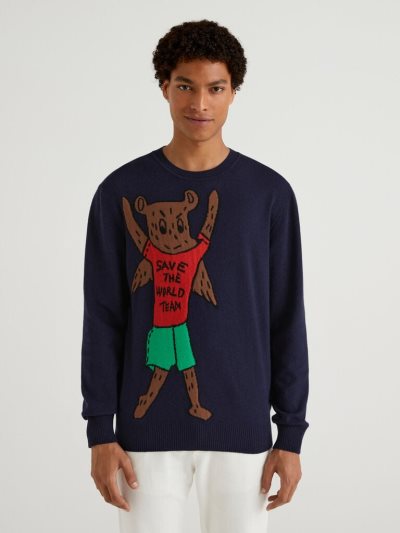Dark Blue Men's Benetton Jccxucb Bear Inlay Crew Neck Sweaters | AU824418