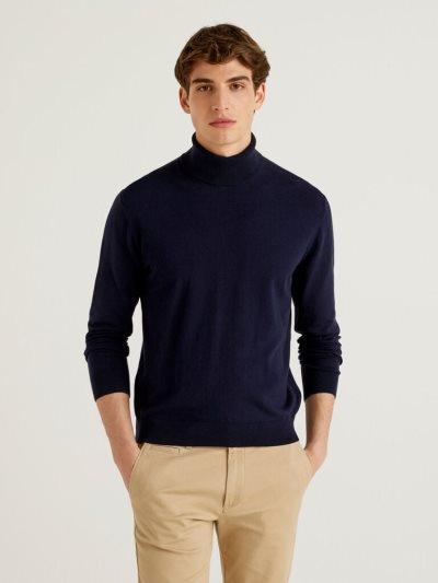 Dark Blue Men's Benetton Lightweight Cotton Blend Turtleneck High Neck Sweaters | AU491724