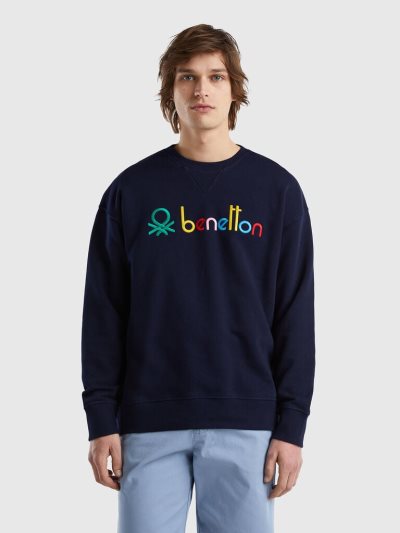 Dark Blue Men's Benetton Logoed 100% Cotton Sweatshirt | AU157065