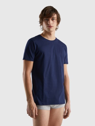 Dark Blue Men's Benetton Long Fiber Cotton T Shirts | AU911396