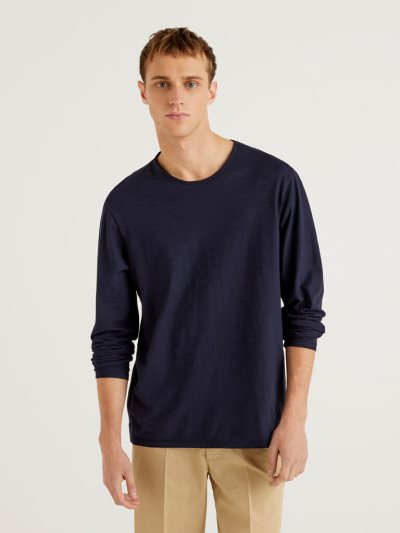 Dark Blue Men's Benetton Long Sleeve 100% Cotton T Shirts | AU713270