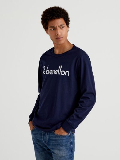 Dark Blue Men's Benetton Long Sleeve Logo Print T Shirts | AU092066