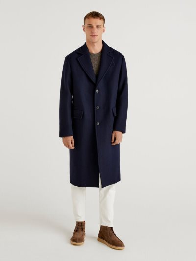 Dark Blue Men's Benetton Long Wool Blend Coats | AU188063