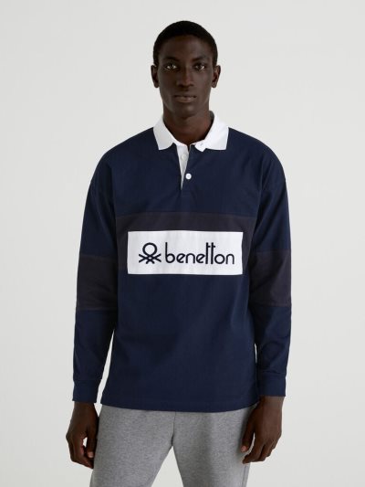 Dark Blue Men's Benetton Organic Cotton Rugby Long Sleeve Polos | AU734500