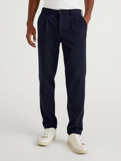 Dark Blue Men's Benetton Pleats Slim Fit Chinos | AU621172