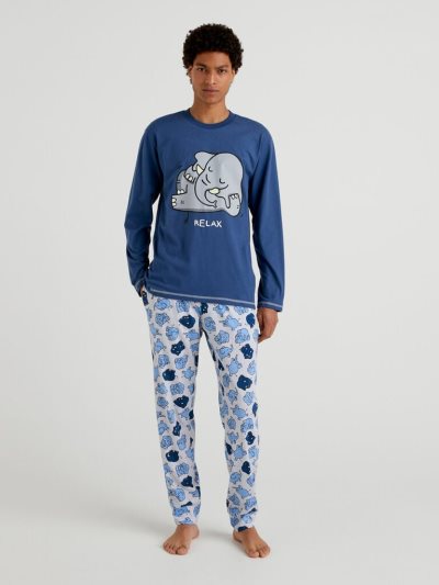 Dark Blue Men's Benetton Print Warm Cotton Pyjamas | AU841926