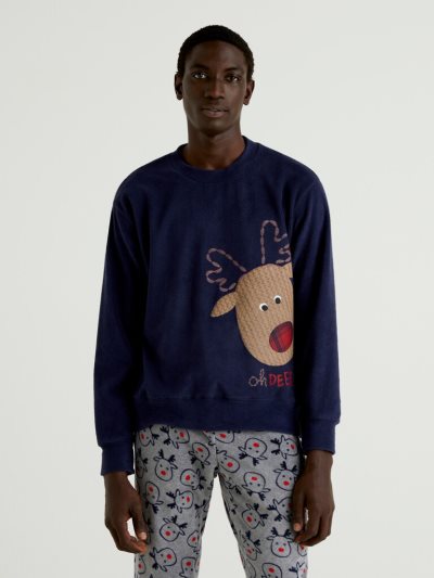 Dark Blue Men's Benetton Reindeer Print Fleece Tops | AU986119