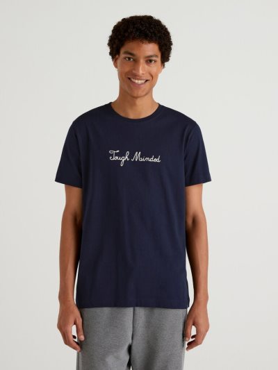 Dark Blue Men's Benetton Relaxed Fit Embroidery Short Sleeve T-shirts | AU667933