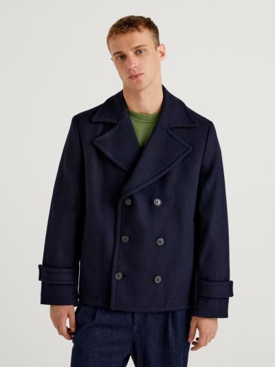 Dark Blue Men's Benetton Short Double-breasted Coats | AU491092
