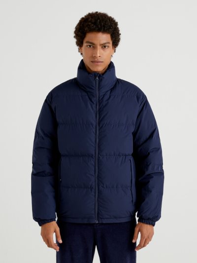 Dark Blue Men's Benetton Short Puffer Padded Recycled Feathers Puffer Jackets | AU633237