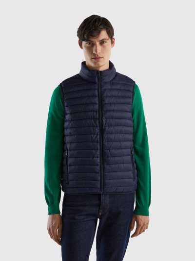 Dark Blue Men's Benetton Sleeveless Puffer Recycled Wadding Vest | AU330723