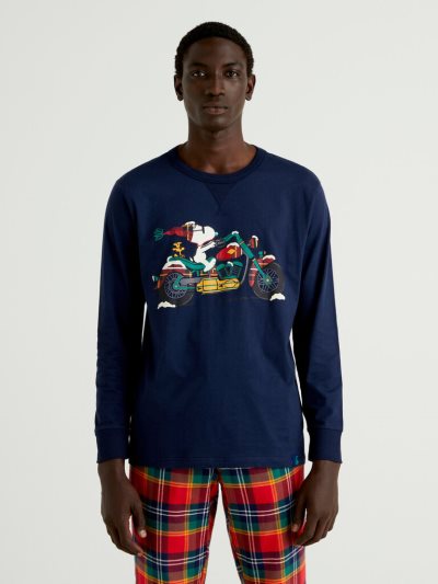 Dark Blue Men's Benetton Snoopy Long Fiber Cotton Tops | AU529858