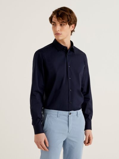 Dark Blue Men's Benetton Solid Color Slim Fit Shirts | AU020877
