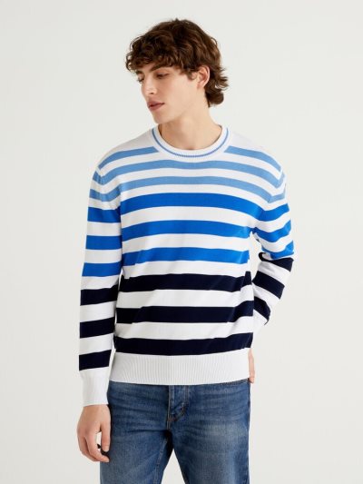 Dark Blue Men's Benetton Striped Crew Neck Sweaters | AU810682