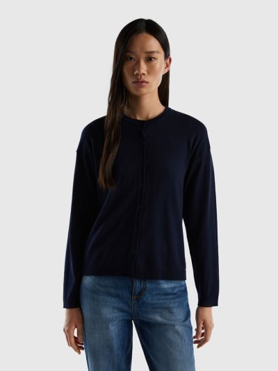 Dark Blue Women's Benetton Buttons Crew Neck Cardigan | AU222868