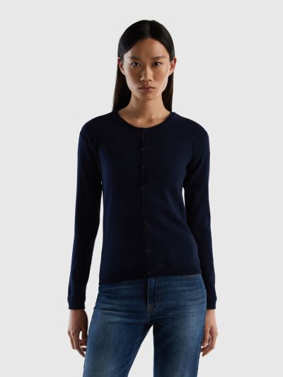 Dark Blue Women's Benetton Crew Neck Pure Cotton Cardigan | AU095792