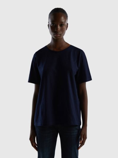Dark Blue Women's Benetton Crew Neck Slub Cotton Short Sleeve T-shirts | AU458262