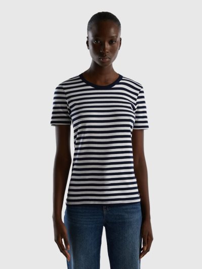 Dark Blue Women's Benetton Crew Neck Striped Short Sleeve T-shirts | AU625325