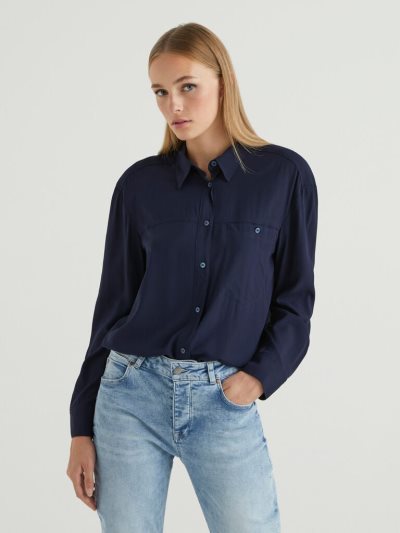 Dark Blue Women's Benetton Flowy Pocket Shirts | AU576429