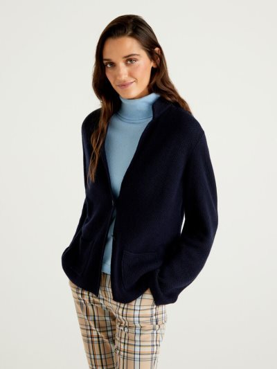 Dark Blue Women's Benetton Knit Wool And Cashmere Blend Cardigan | AU807938