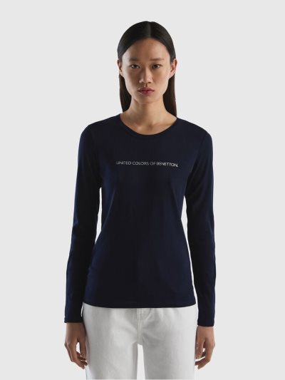 Dark Blue Women's Benetton Long Sleeve Dark Blue 100% Cotton T Shirts | AU504707